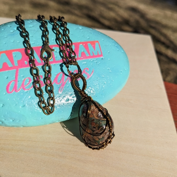 Groovy Jasper Stone Bronze Wire Wrapped Necklace Artisan Wearable Art Handmade - Picture 12 of 17